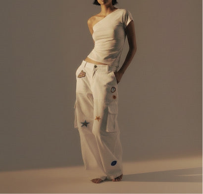 Large pocket embroidered workwear casual pants