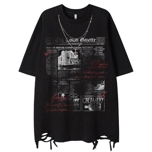 Short Sleeve T-Shirt with Ripped Hem and Chain for Men's Dance