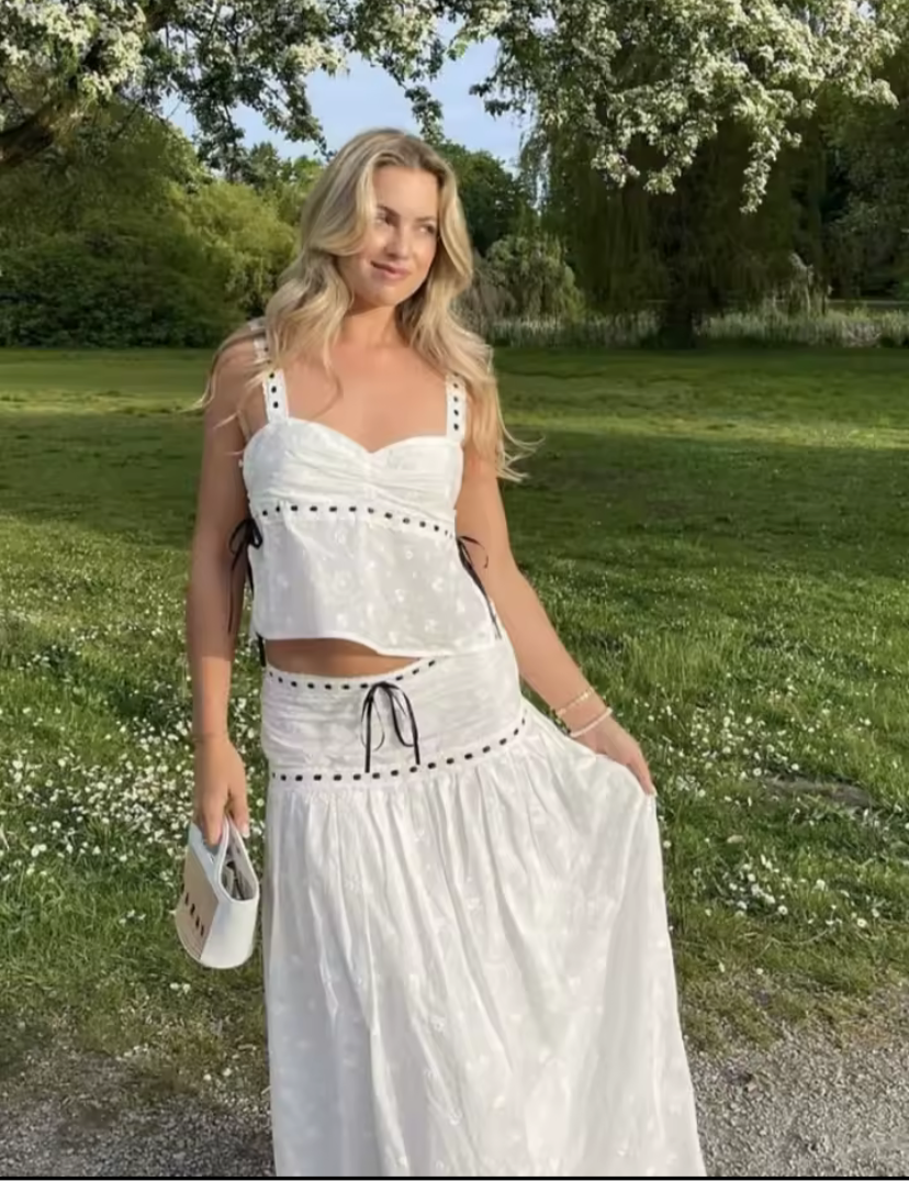 Color blocked lace up suspender+color blocked lace up skirt set for women