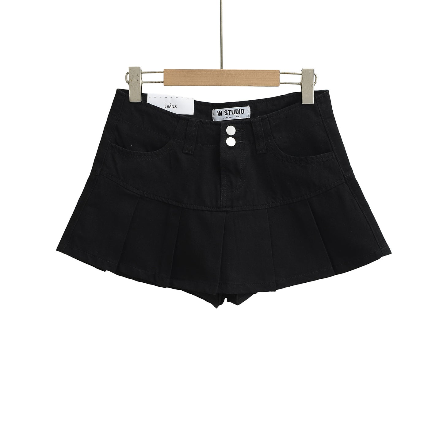 High-Waisted Leg-Lengthening Washed Vintage Two-Button Denim Pleated A-Line Mini Skirt