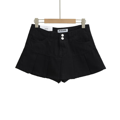 High-Waisted Leg-Lengthening Washed Vintage Two-Button Denim Pleated A-Line Mini Skirt