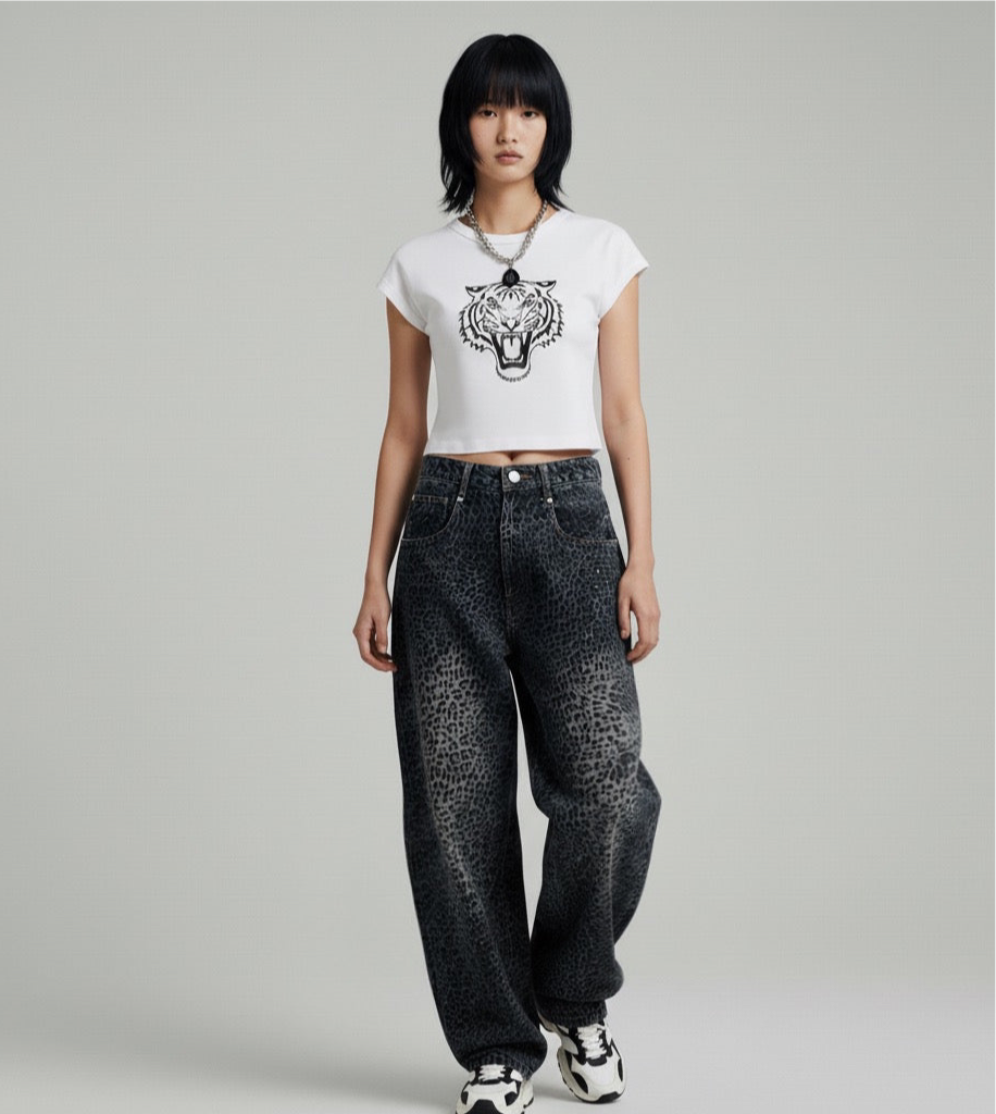 Leopard print jeans men's and women's loose casual pants