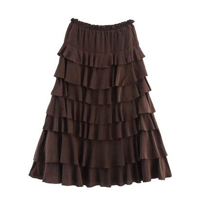Women's Clothing INS Casual Versatile Layered Decorative Midi Skirt