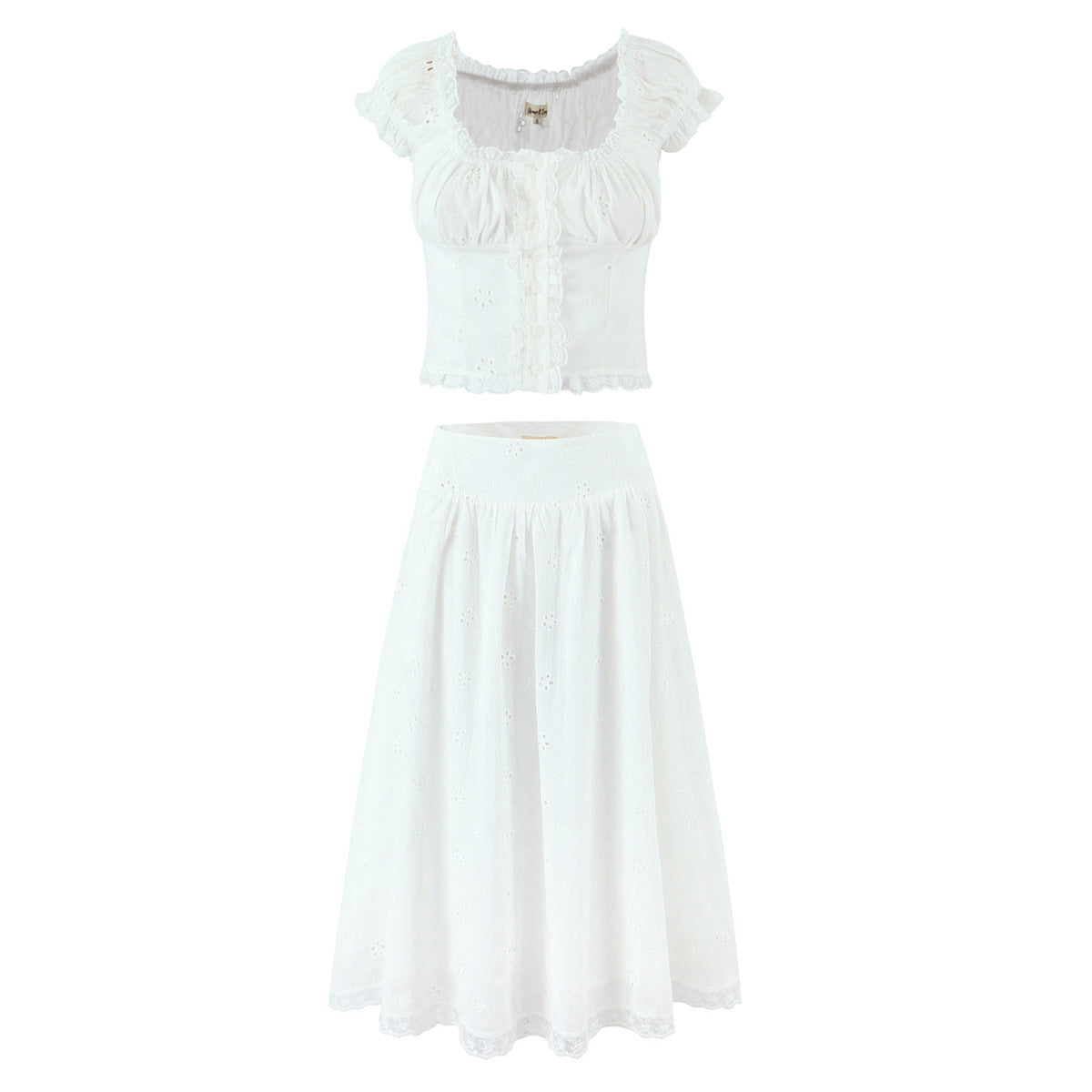 Fashion embroidered hollowed out patchwork top+skirt set for women