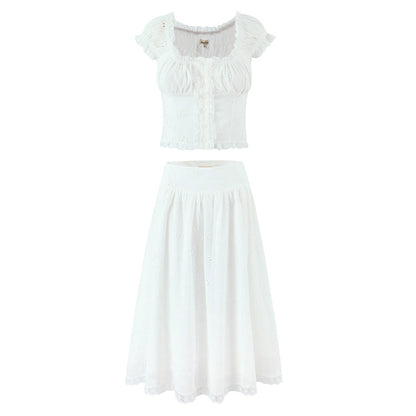 Fashion embroidered hollowed out patchwork top+skirt set for women