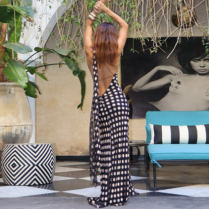 Polka Dot Long Dress - Slim Fit Backless Halter Neckline