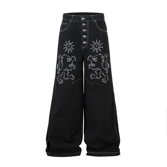 Loose Wide-Leg Floor-Length Denim Trousers for Men and Women