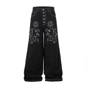 Loose Wide-Leg Floor-Length Denim Trousers for Men and Women