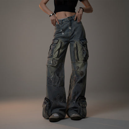 Retro graffiti multi pocket wide leg jeans