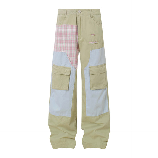 Color Block Patchwork Distressed Pocket Decorated Denim Pants Unisex Loose Wide Leg Straight Leg Pants