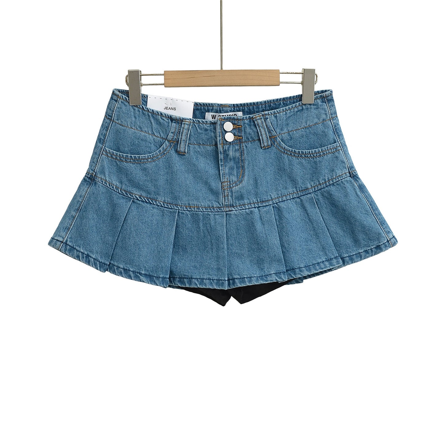 High-Waisted Leg-Lengthening Washed Vintage Two-Button Denim Pleated A-Line Mini Skirt