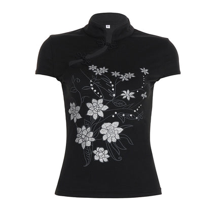 Stand up collar top slim fit short sleeved T-shirt for women