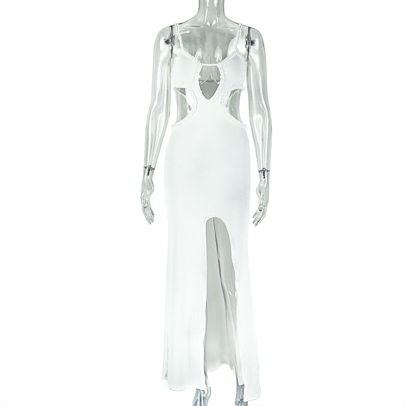 Women's Pure Color Hollow Out Bodycon Dress Strapless Slit Long Pleated Dress