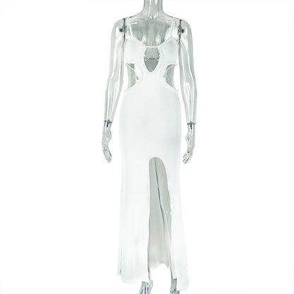 Women's Pure Color Hollow Out Bodycon Dress Strapless Slit Long Pleated Dress