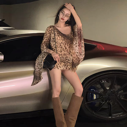 Leopard print sexy slanted shoulder single shoulder trumpet long sleeved slim fit spicy girl dress for women