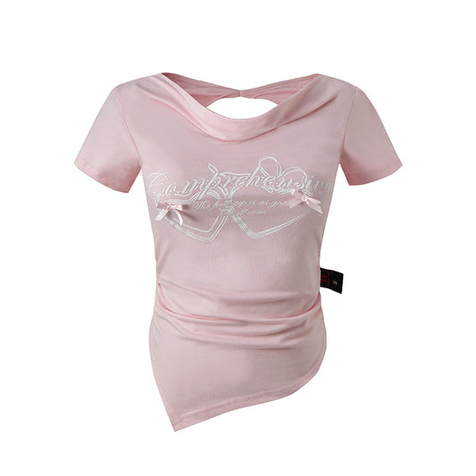 Short Sleeve T-Shirt Bowknot Sexy Backless Slim Sweet Top