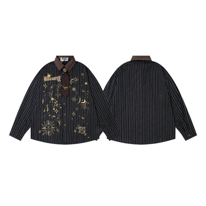 Color Block Design Collar Stripe Long Sleeve Shirt Men's Loose Casual Trendy Couple Shirt