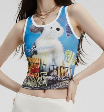 Spicy Girl Fuzzy Puppy Print Sleeveless Top Women Summer Slim Fit Short Elastic Camisole
