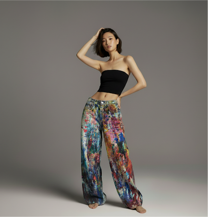 Retro Heavy-Work Design Visual Illusion Print Paint Coating Straight Loose Wide-Leg Jeans for Men and Women