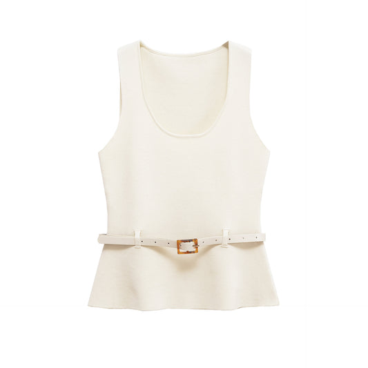Women's Round Neck Belted Knit Top + Skirt Set