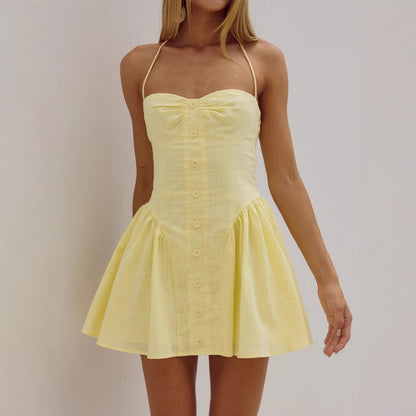 Summer Women's Spicy Sexy Halter Neck Yellow Summer Mini Dress Slim Backless Waist-Cinching Design Sense