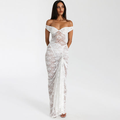 Lace dress sexy hollowed out see through jumpsuit half body long skirt two-piece set