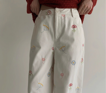 Sweet and Lovely Embroidered White Straight Loose Denim Pants for Women