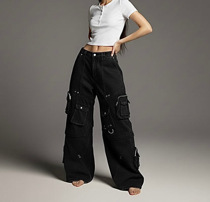 Street Style High-Quality Washed Workwear Pocket Detachable Denim Long Pants