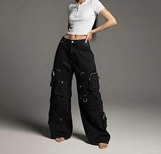 Street Style High-Quality Washed Workwear Pocket Detachable Denim Long Pants