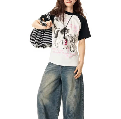 Retro Cat Print Raglan Short Sleeve T-Shirt Women's Slim Design Sense Unique Short Length Spicy Girl Top